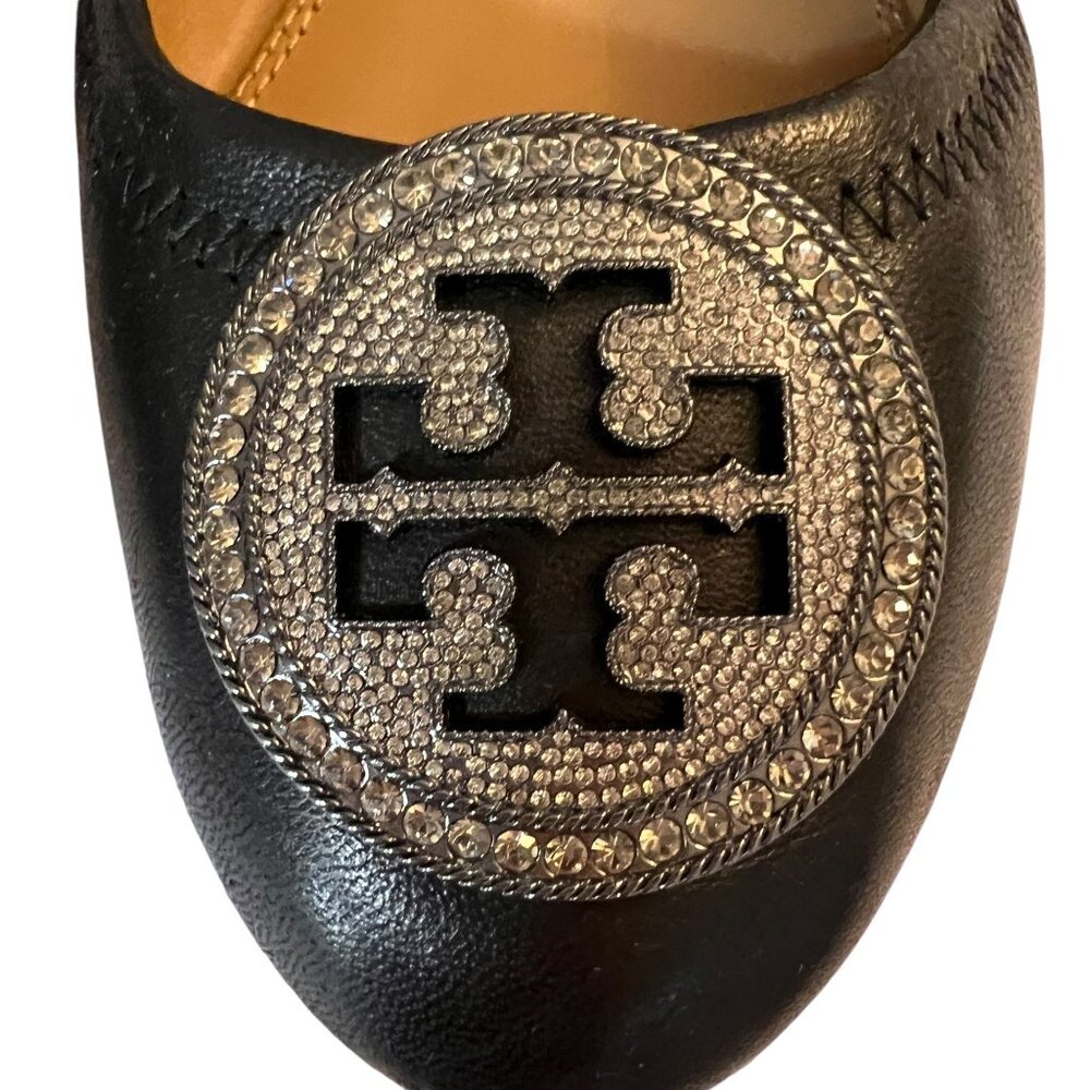 Tory Burch Liana Embellished Ballet Flats Black Leather Size 9 Rhineston… - Picture 3 of 13